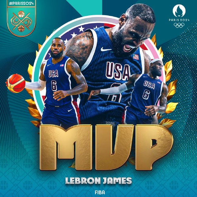 FIBA官方：詹姆斯荣膺巴黎奥运MVP 场均14+7+8率队六战全胜